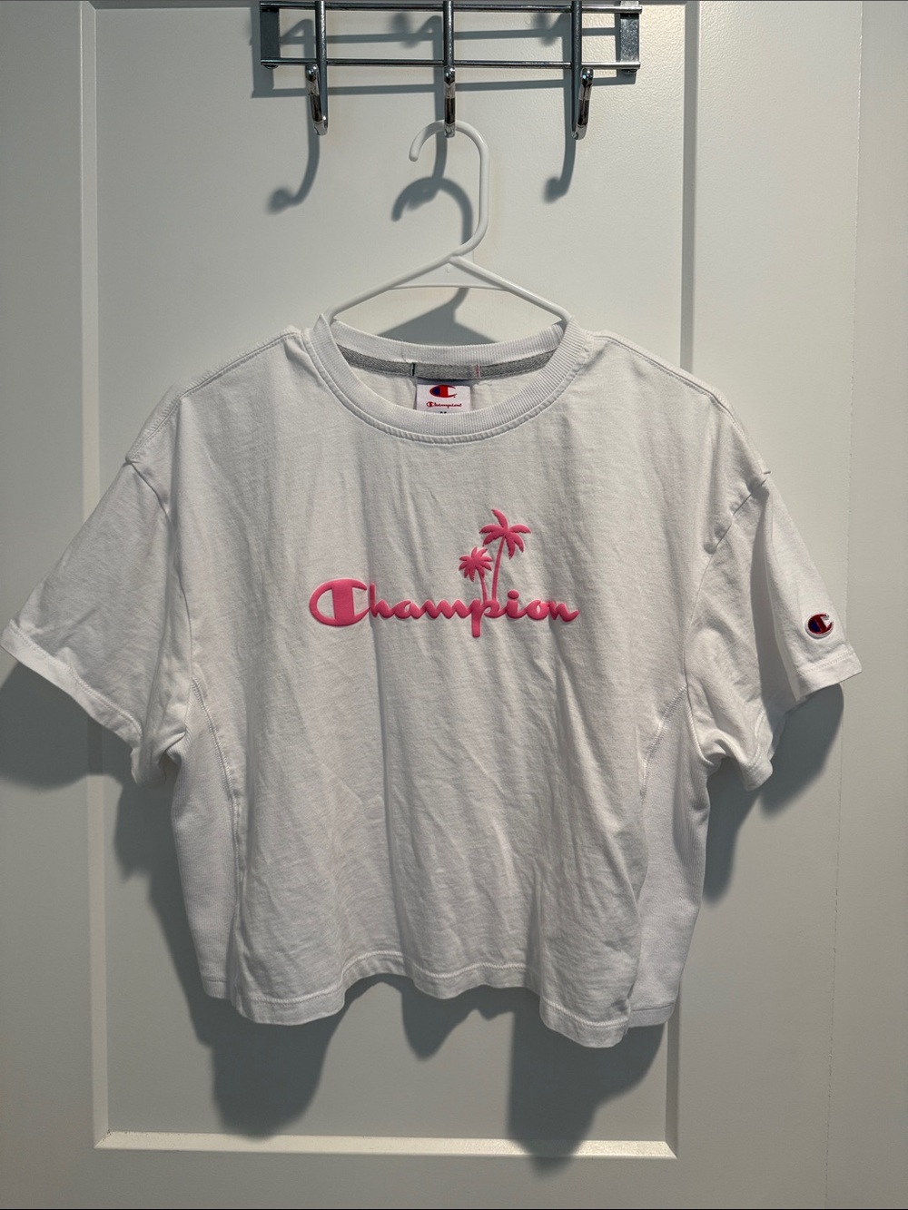 Champion White Short Sleeve Tee with Pink Logo & Palm